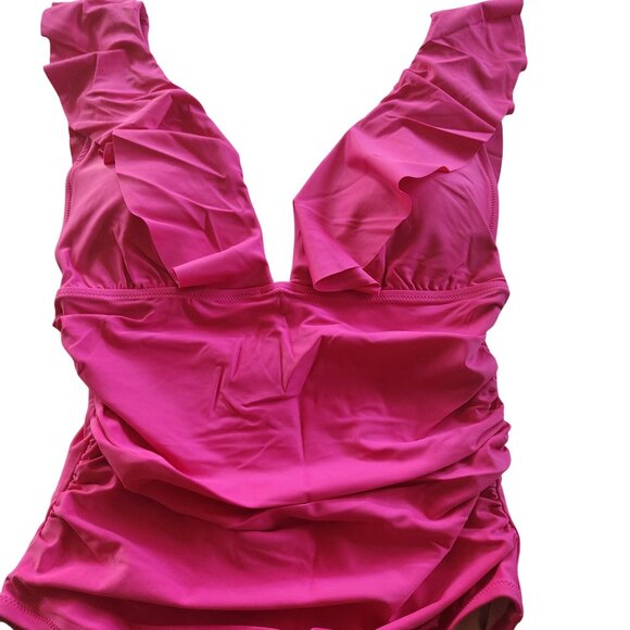 J. Crew Ruched Ruffled One-Piece Swimsuit Pink Size 10 Plunge Padded Scoop Back - Picture 4 of 8